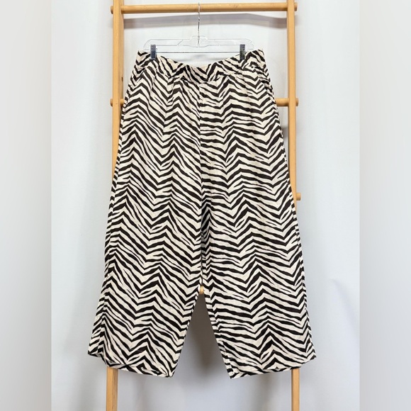 TAHARI Cream and brown zebra print 💯 Linen wide leg crop pants size XL - Picture 4 of 12